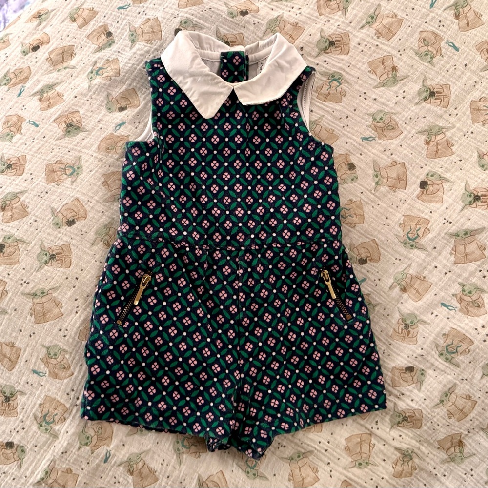 Janie and Jack | Green and Pink Patterned Romper with White Collar 6-12 months